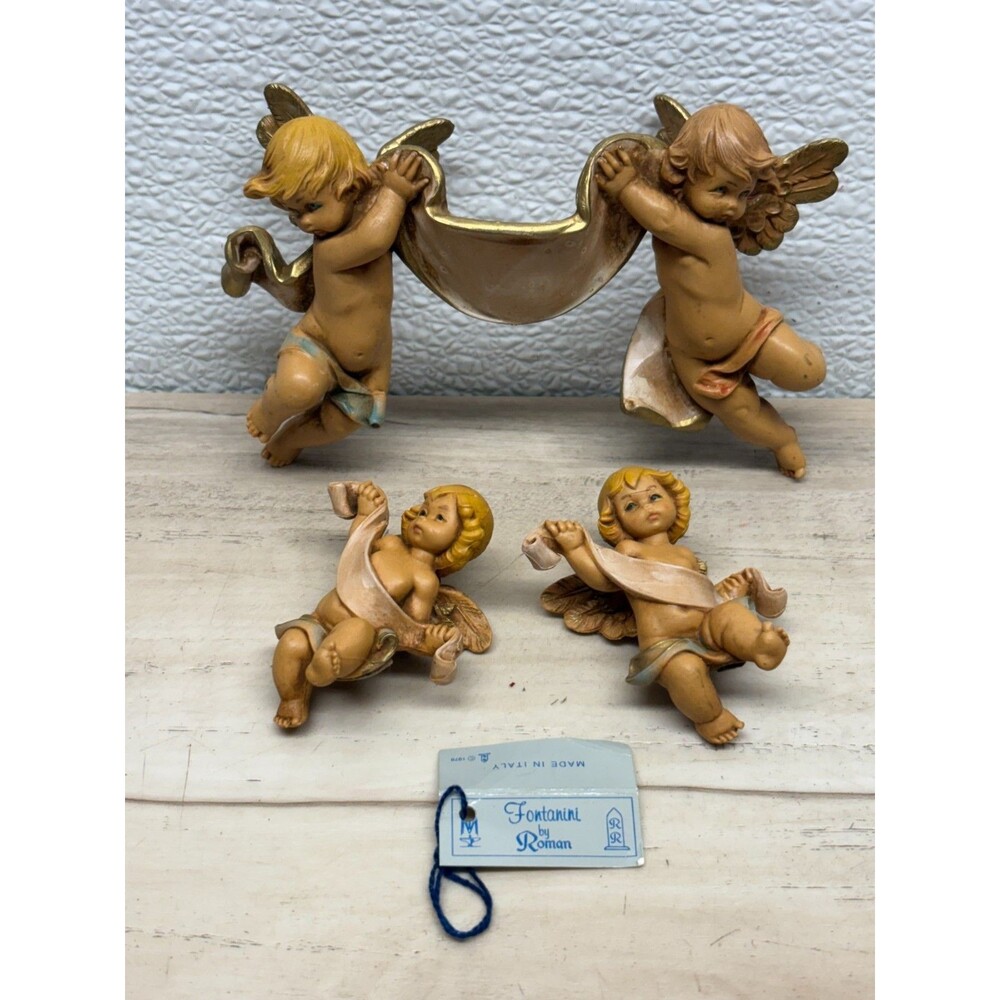 Vtg Fontanini Depose Elio Simonetti Set Of 4 Angels Cherblbs With Banner Plaque